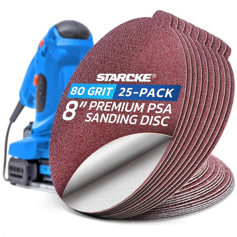 Starcke 8 inch Sanding Disc Self Stick Orbital Sander Pads 25 Pack No Hole - Premium 80 Grit Sandpaper Discs Aluminum Oxide, Durable PSA Sand Paper, Round Sanding Discs Adhesive Back for Wood & Metal - Image 1
